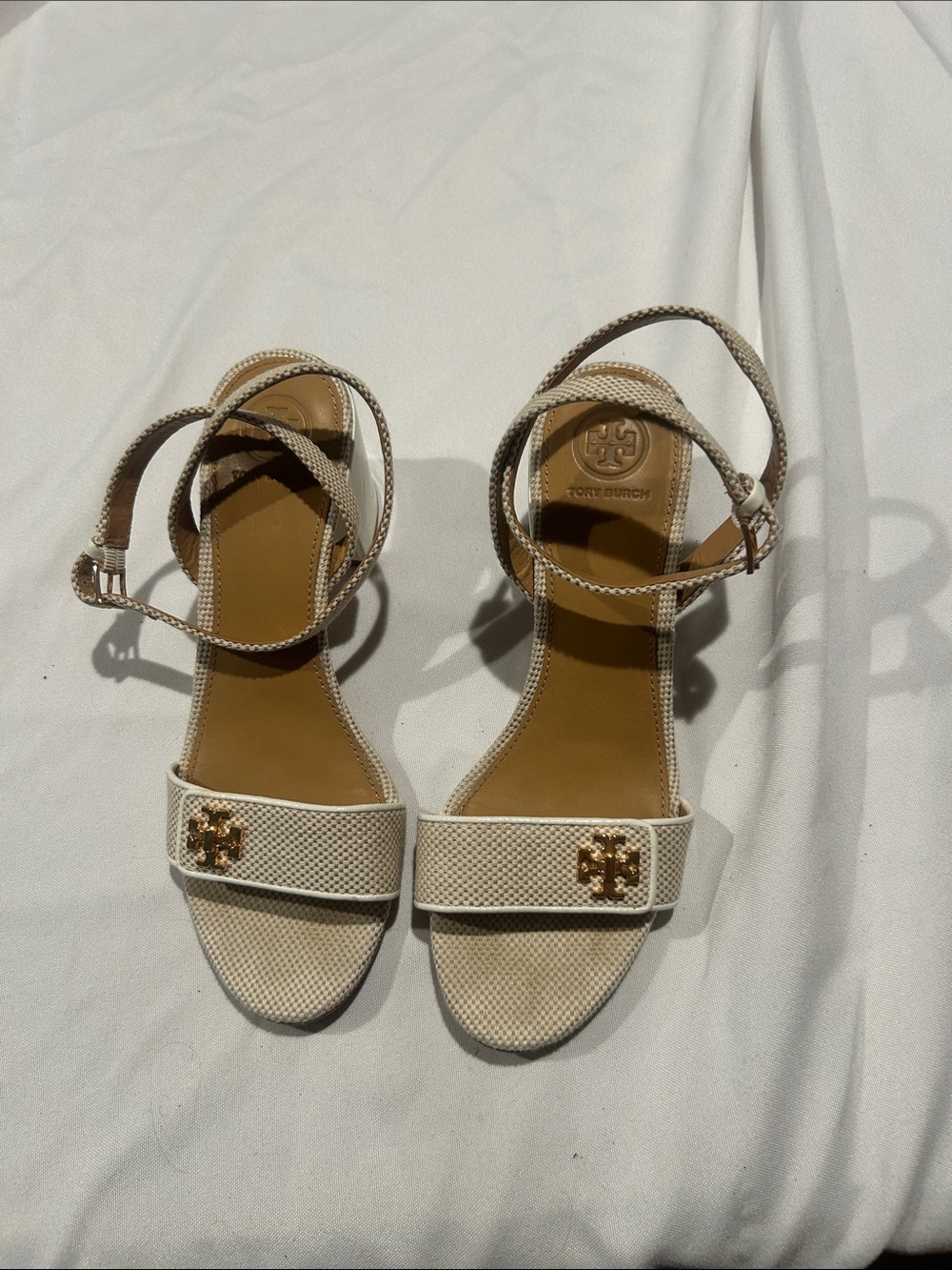 Tory Burch Cream Ankle-Strap Sandals with Gold Logo